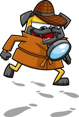 Detective Pug Dog Cartoon Character Looking For Items With A Magnifying Glass. Raster Hand Drawn Illustration Isolated On White Background