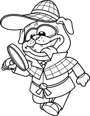 Detective Pug Dog Cartoon Character Looking For Items With A Magnifying Glass. Raster Hand Drawn Illustration Isolated On White Background