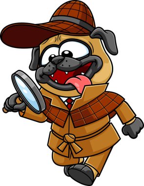 Detective Pug Dog Cartoon Character Looking For Items With A Magnifying Glass. Raster Hand Drawn Illustration Isolated On White Background