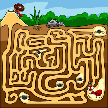 Cartoon Maze Game Education For Kids In Which You Have To Help The Ants. Raster Hand Drawn Illustration With Background