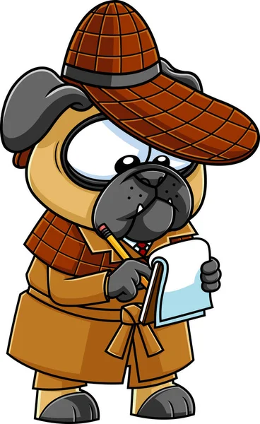 Detective Pug Dog Cartoon Character Making Notes Raster Hand Drawn — Vector de stock