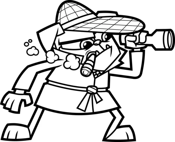 Funny Detective Pug Dog Cartoon Character Smoking Cigar Holding Flashlight — Stok Vektör