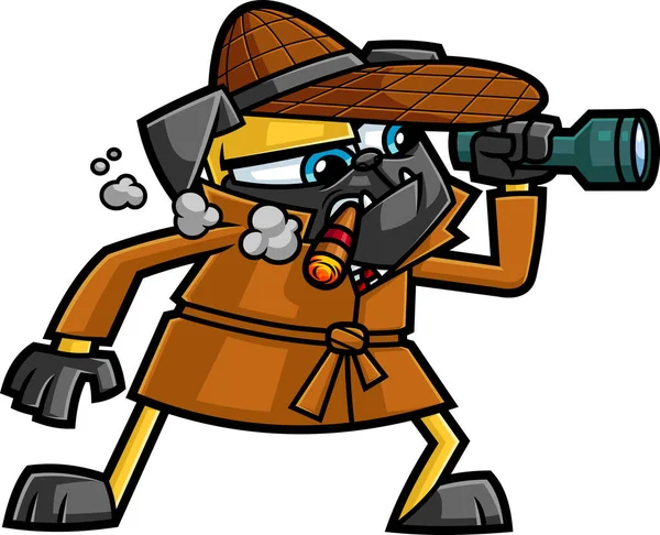 Funny Detective Pug Dog Cartoon Character Smoking Cigar Holding Flashlight — 图库矢量图片