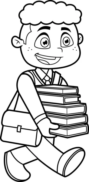 Happy African American Boy Cartoon Character Goes School Carrying Textbooks — Vetor de Stock