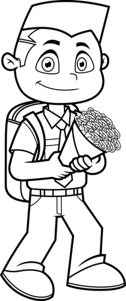 Smiling African American Boy Cartoon Character Goes School Carrying Bouquet — Vector de stock