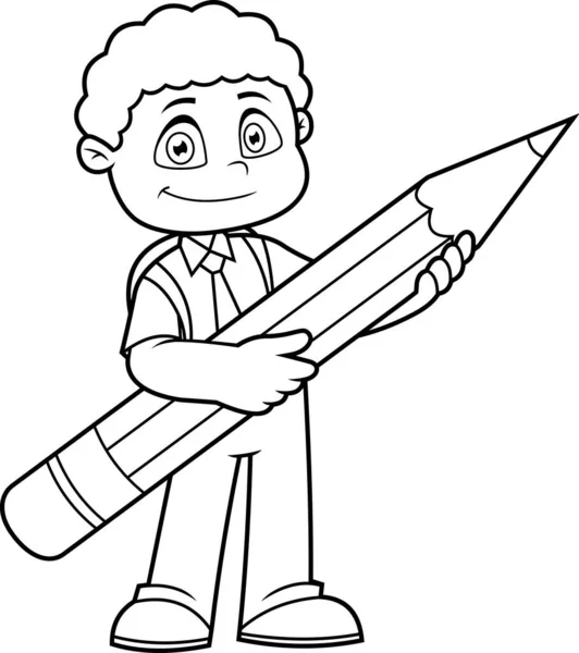 Smiling African American School Boy Cartoon Character Holding Pencil Raster — ストックベクタ