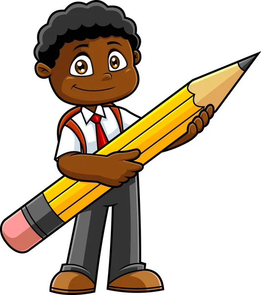 Smiling African American School Boy Cartoon Character Holding Pencil Raster — ストックベクタ