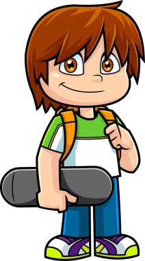 Smiling School Boy Cartoon Character With Backpack Standing And Holding A Skateboard. Vector Hand Drawn Illustration Isolated On Transparent Background