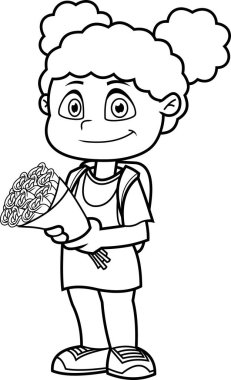 Cute School Girl Cartoon Character With Backpack Carrying A Bouquet Of Flowers. Vector Hand Drawn Illustration Isolated On Transparent Background