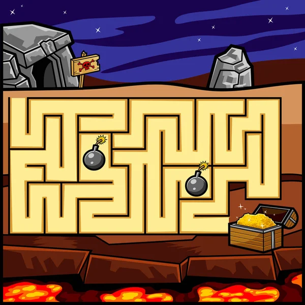 Cartoon Maze Game Education Kids Reach Treasure Cave Obstacles Vector — Vector de stock