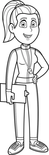 Female Gym Teacher Cartoon Character Speak Holding Clipboard Vector Hand — Image vectorielle