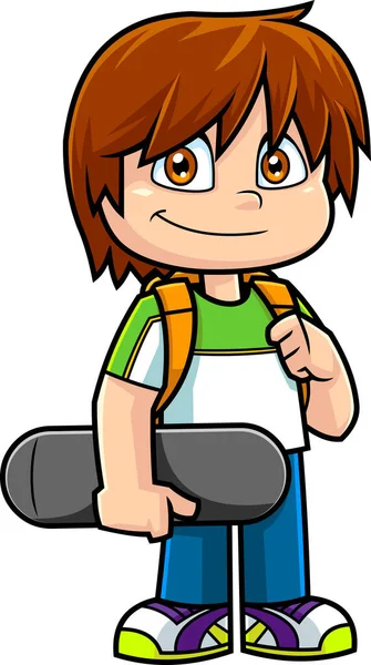 Smiling School Boy Cartoon Character Backpack Standing Holding Skateboard Vector — Vector de stock