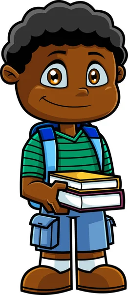 Smiling African American School Boy Cartoon Character Backpack Hold Textbooks — Stock Vector