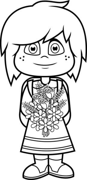 Cute School Girl Cartoon Character Backpack Carrying Bouquet Flowers Vector — Image vectorielle