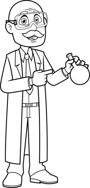 Scientist Teacher Cartoon Character Flask Speaks Shows Vector Hand Drawn — Vetor de Stock