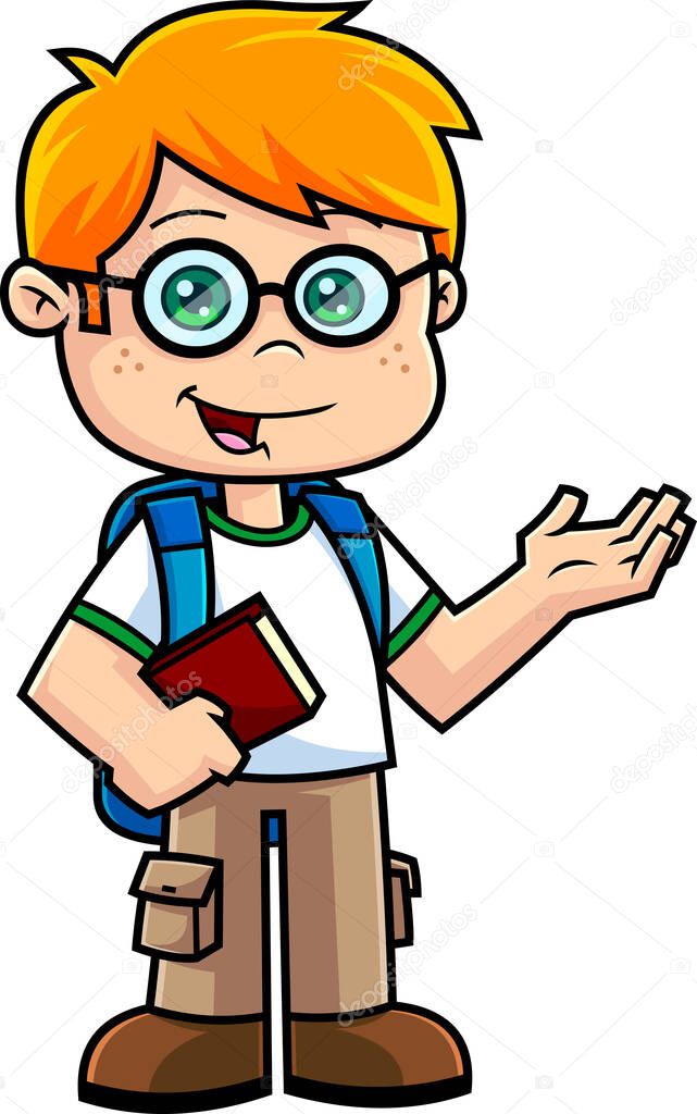Happy School Boy Cartoon Character With Textbook. Vector Hand Drawn Illustration Isolated On Transparent Background