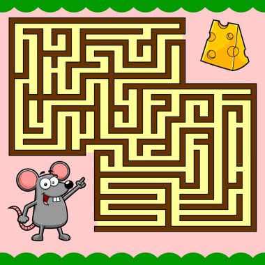 Cartoon Maze Game Education For Kids Help The Mouse Get To The Cheese. Vector Hand Drawn Illustration With Background