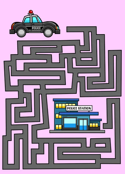 Illustratie Van Labyrint Doolhof Politieauto Stationsgebouw — Stockvector