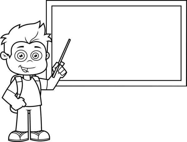 黒板近くの漫画少年のベクトル図です — ストックベクタ