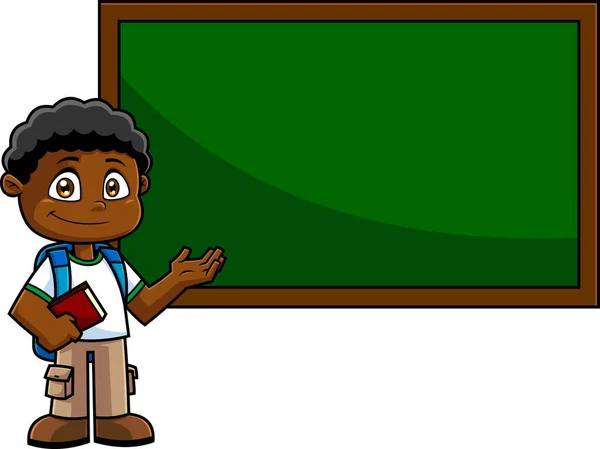 Vector Illustratie Van Een Cartoon Schooljongen Buurt Van Schoolbord — Stockvector