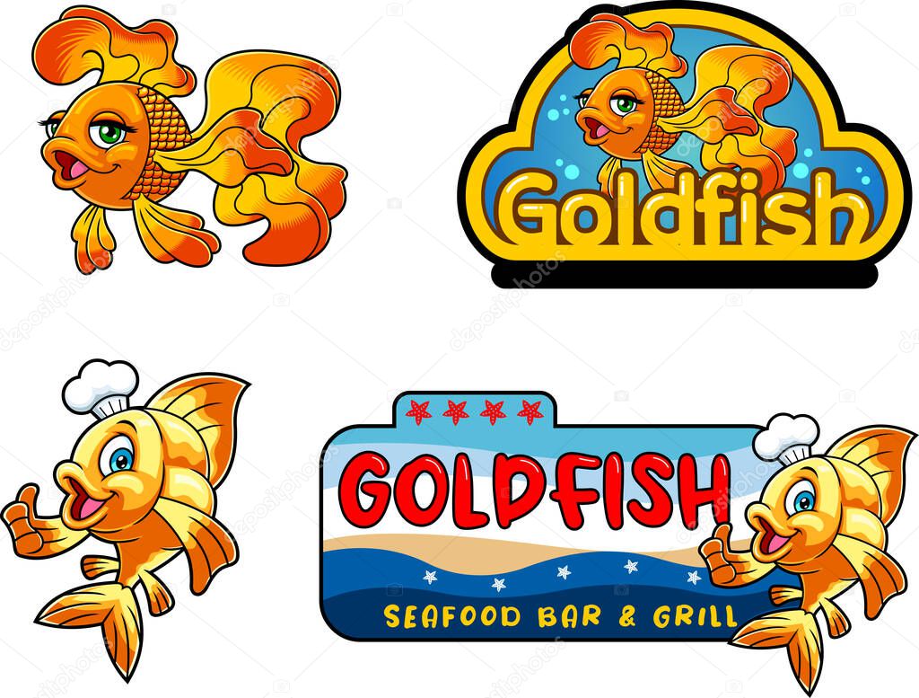 Gold Fish Or Goldfish Cartoon Character Logo Design. Raster Hand Drawn Illustration Isolated On White Background