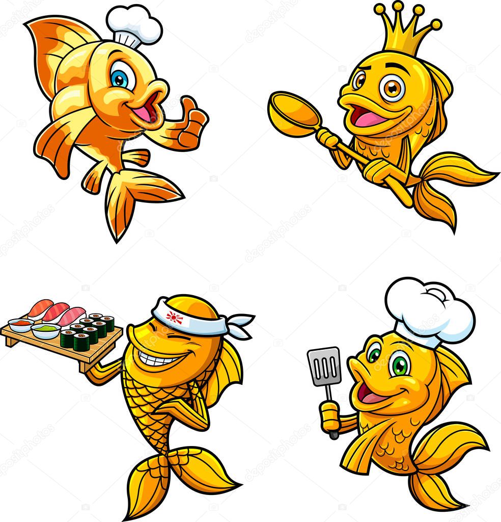 Fish Or Goldfish Cartoon Characters. Raster Hand Drawn Illustration Isolated On White Background