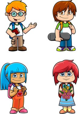 Okul Çocukları çizgi film karakterleri. Vektör El Çekim Koleksiyonu Seti Şeffaf Arkaplanda İzole Edildi