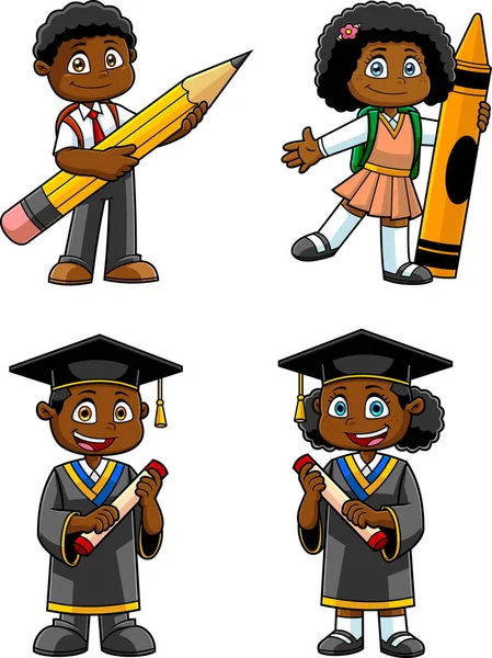 African American School Kids Cartoon Characters Inglés Vector Mano Dibujado — Vector de stock