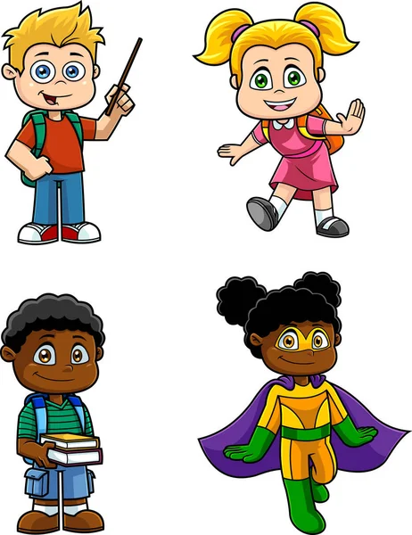 Personajes Dibujos Animados Para Niños Escuela Vector Mano Dibujado Colección — Vector de stock