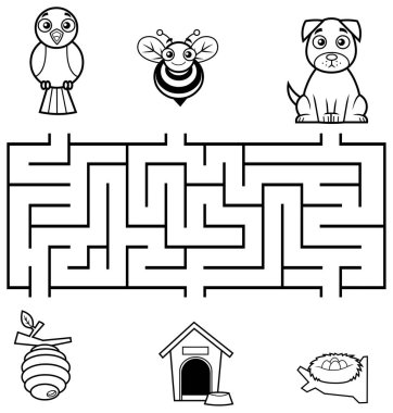 Çocuklar için çizgi film eğitimi kuşa, arıya ve köpeğe evlerine ulaşmaları için yardım eder. Raster Hand Çizim Resimleri Beyaz Arkaplanda İzole Edildi