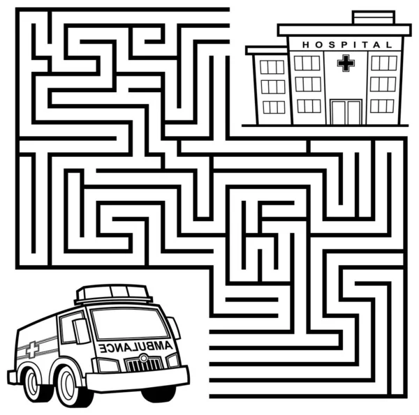 Cartoon Maze Juego Educación Para Los Niños Ayuda Coche Ambulancia — Archivo Imágenes Vectoriales