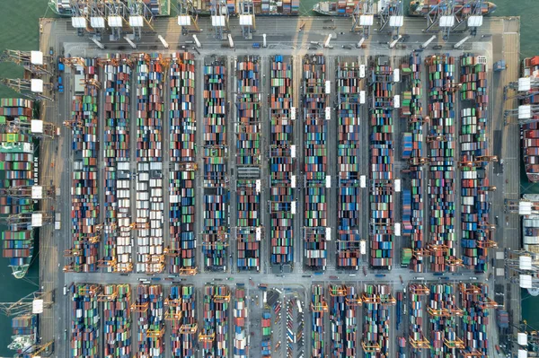 Flygfoto Färgglada Containerterminal Handel Industri Hong Kong Kina Royaltyfria Stockfoton