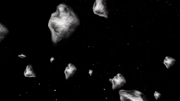 No meio de centenas de asteróides no espaço 3d — Vídeo de Stock