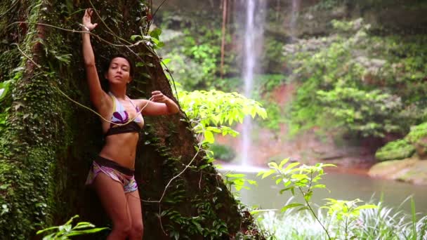 Sexig tjej lutande stort träd i regnskogen bakgrund vattenfall — Stockvideo