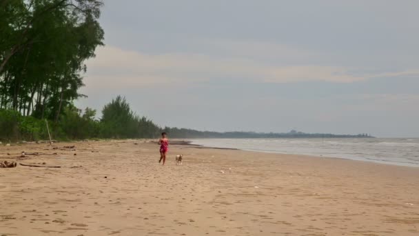 Mujer asiática ejercitar su perro en la playa — Vídeos de Stock