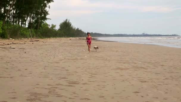Mujer asiática ejercitar su perro en la playa — Vídeo de stock