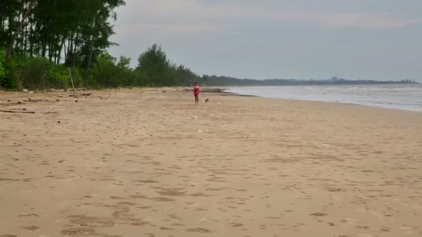 Aziatische vrouw oefening haar hond op strand — Stockvideo