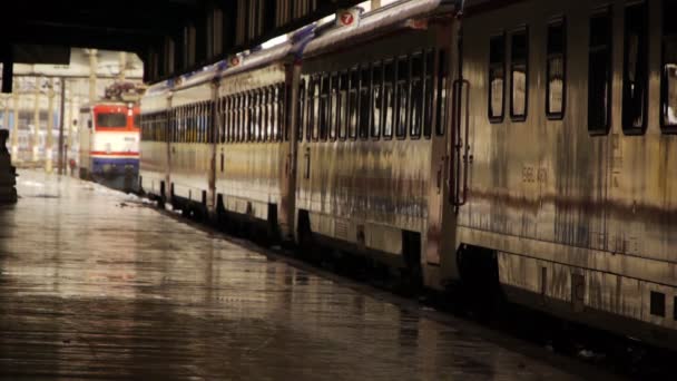 Plataforma de estación de tren húmedo con tren — Vídeo de stock