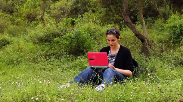 Красива дівчина використовує комп'ютер у сільській місцевості, Фаетон проходить позаду — стокове відео