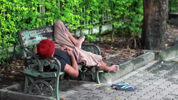 Homeless man sleep on bench — Stock Video