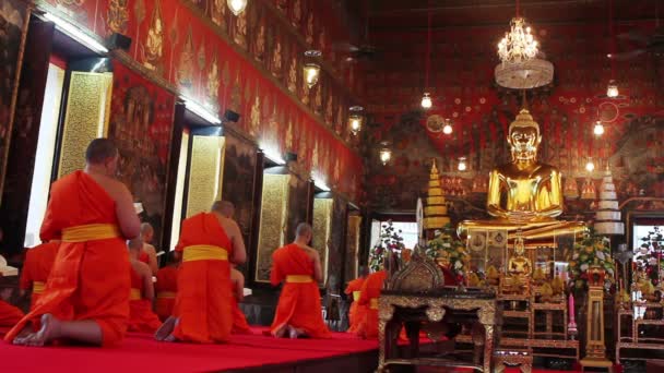 Buddhist monks pray in temple — Stock Video