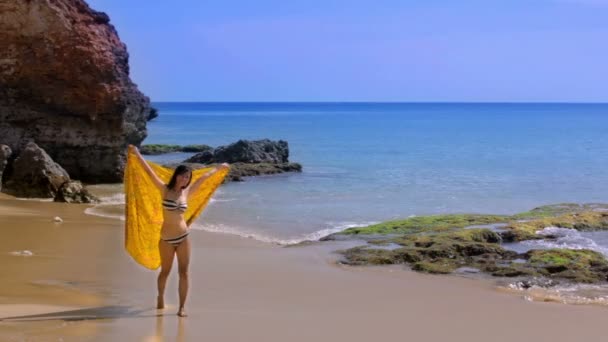 Sexy asiático chica en exótica playa disfruta con sol mar — Vídeo de stock