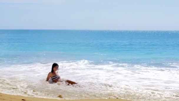 Sexy Asian Girl at Exotic Beach Sunbathing and Tanning — Stock Video