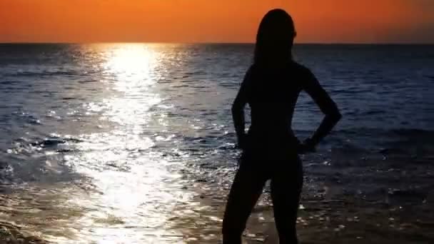 Mysterieuze silhouet sexy meisje op het strand bij zonsondergang — Stockvideo