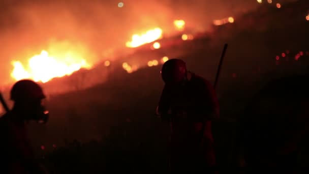 Bombeiros no incêndio da floresta noturna — Vídeo de Stock