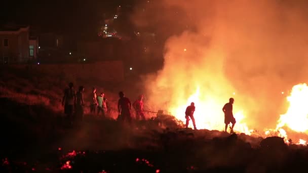 Strażacy w nocy pożar lasu — Wideo stockowe