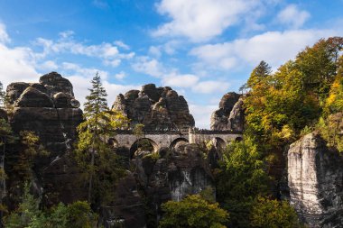 Almanya 'daki Sakson Kum Taşı Dağları' ndaki kayalara, ağaçlara ve Bastion Köprüsü 'ne bakın..