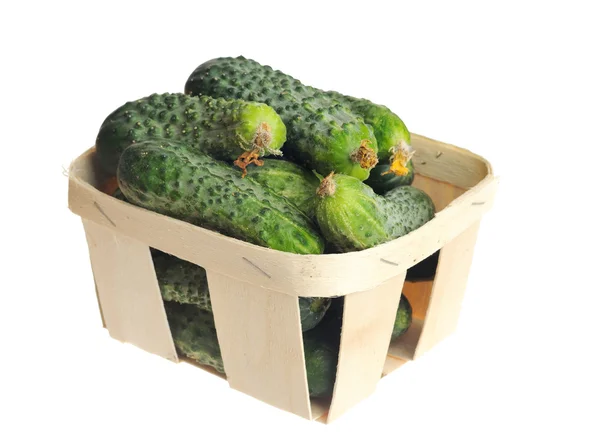 Pile of cucumber in a veneer basket isolated — Stock Photo, Image