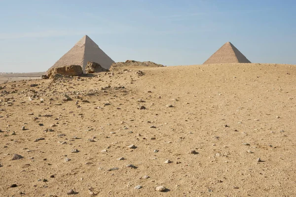 Vista Cheops Khafre Pirâmides Forma Distância — Fotografia de Stock