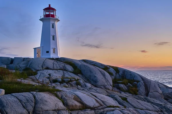 Photograph Iconic Peggy Cove Lighthouse Taken Sunset Beautiful Summer Evening — 图库照片